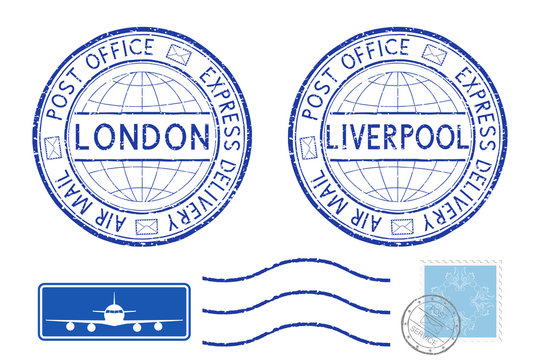 Blue postal elements. London and Liverpool postmark and stamps