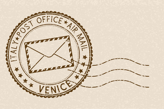 Postal stamp with VENICE title. Round brown postmark on beige background