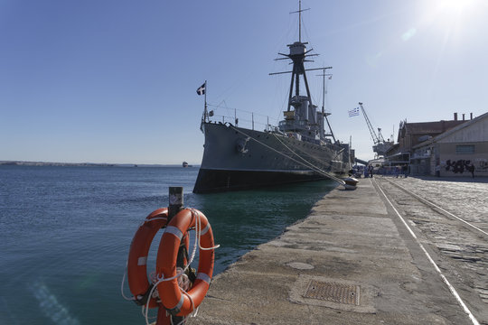 Thessaloniki, Greece Greek Warship Averof Moored At Port.
Launched In 1910, G. Averof Is A Modified Armored Cruiser Into A Battleship, Moored For October 2017 At City Port.