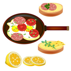 Fried eggs and sausage closeup. Scrambled eggs with sausage. Fried eggs with sausage and tomatoes. Sandwich with sausage.  Sandwich. with cheese. Vector illustration.