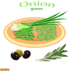 Green onions, finely chopped in a bowl. Vector illustration for a recipe, restaurant menu, kitchen interior design.