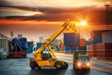 Industrial Container Cargo freight ship, forklift handling container box loading for logistic import export and transport industry concept background