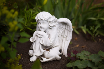 A small  white statue of a thinking angel in a garden between the plants.
