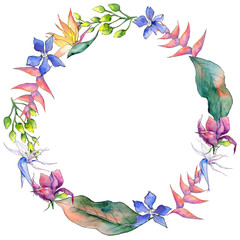 Tropical Hawaii leaves wreath  in a watercolor style. Aquarelle wild flower for background, texture, wrapper pattern, frame or border.