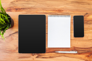 Top view of the table with office accessories