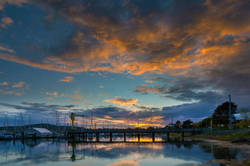 Colorful Sunset over Boat Ramp at Anacortes Marina in Washington State USA America