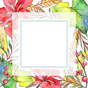 Tropical plant frame in a watercolor style. Aquarelle wild flower for background, texture, wrapper pattern, frame or border.