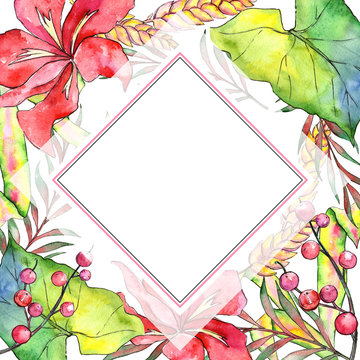 Tropical plant frame in a watercolor style. Aquarelle wild flower for background, texture, wrapper pattern, frame or border.