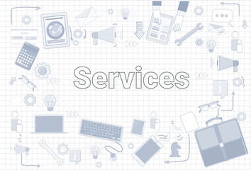Services Word With Office Stuff Icons On Squared Background Customer Help Satisfaction Concept Vector Illustration