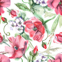 Poppies Seamless Pattern. Watercolor Background.