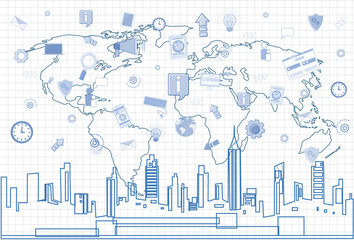 Social Media Communication Internet Network Connection Over City Skyscraper View Cityscape And World Map Squared Background Vector Illustration