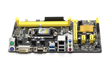 Image of Computer Motherboard on a white background. Equipment and computer hardware