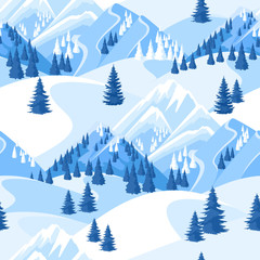 Naklejka premium Winter seamless pattern. Beautiful landscape with snowy mountains and fir forest