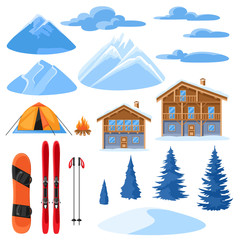Winter set for design. Alpine chalet houses, snowboard, ski, snowy mountains and fir trees