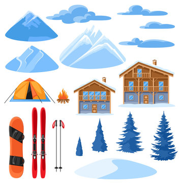 Winter set for design. Alpine chalet houses, snowboard, ski, snowy mountains and fir trees