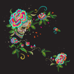 Embroidery floral pattern with skull and roses. Vector embroidered mexican patch with flowers for wearing design.