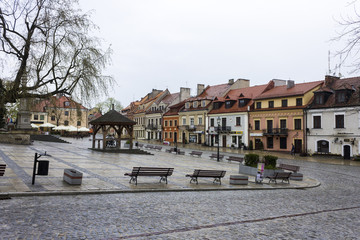 The old Market Place in Sandomierz, Poland, on a cloudy morning