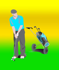 golf man with bag on wheels with golf clubs and accessories