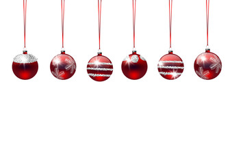 Christmas baubles on white background with space for text.