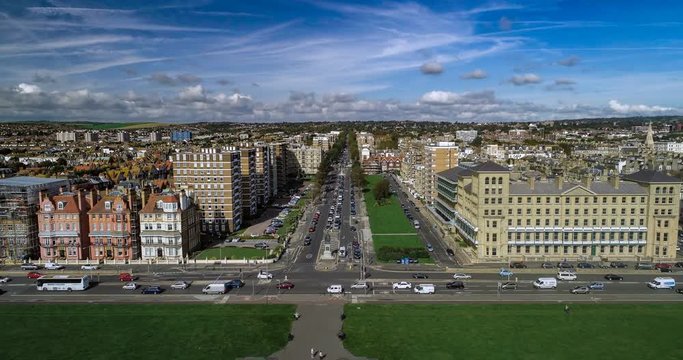 Aerial time lapse view of the regency seafront in Brighton and Hove, Southern England (hyperlapse)