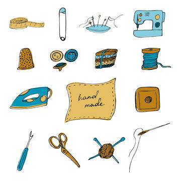 Sewing accessories in doodle style. Vector illustration
