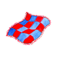 Blue and red blanket by watercolors on white background. Tartan plaid for bed.