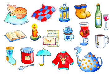 Cozy autumn objects by watercolor on white background. Hygge handdrawn illustration.