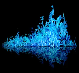 Papier Peint photo Flamme high blue fire with reflection on black