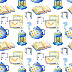 Cozy Autumn seamless pattern. Handdrawn watercolor teapot and tea cup on white background.
