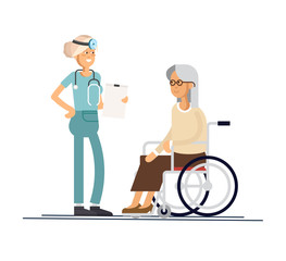 Nurse helps her grandmother to go to the walker. Caring for the elderly. Vector illustration style