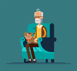 Grandpa sitting in chair and keep the puppy on one's knees. Vector illustration of a flat design