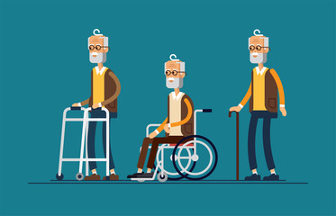 Set of elderly persons. Grandfather in a wheelchair and with walking stick and paddle walker. Vector illustration in a flat style