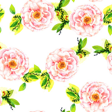 Seamless watercolour rose bud and leaves pattern