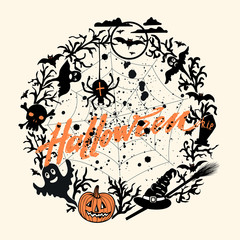 Vector Happy Halloween background with orange pumpkin and hand drawn lettering Halloween, black blood stains, flying bats, skull, ghost, spider etc. Elegant greeting card or party flyer cover eps 10