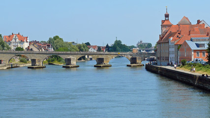 Fototapeta na wymiar Medieval bridge over the Danube at Regensburg
