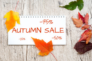 autumn sale, text on notebook with autumn foliage and rustic wooden planks background