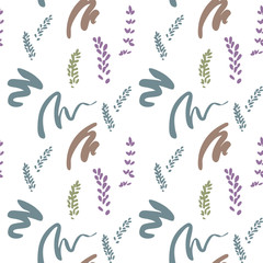 Stylized flowers and paint brush strokes pattern. Vector seamless background with abstract floral shapes in pastel colors on white backdrop.