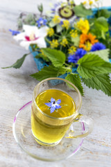 Various dried meadow herbs and herbal tea on wooden table. fresh medicinal plants and in bundle. Preparing medicinal plants for phytotherapyand health promotion