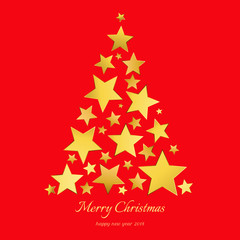 Naklejka na ściany i meble Christmas tree with gold stars on red background