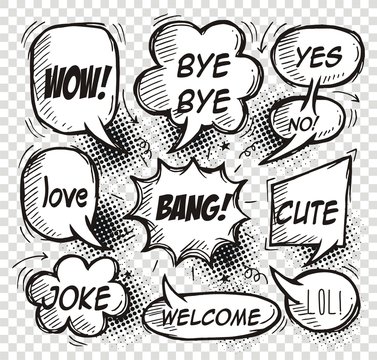 Set of comic speech bubbles with dialog words: wow,love.welcome,bang, cute . Vector illustration.
