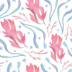 Watercolor underwater pattern with red coral porphyra and blue enteromorpha starfish on white background