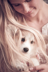 Young woman with welsh corgi pembroke puppy 