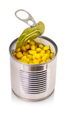 open can of  corn on white