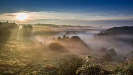 Fototapeta na wymiar Beautiful sunrise at foggy valley in autumn