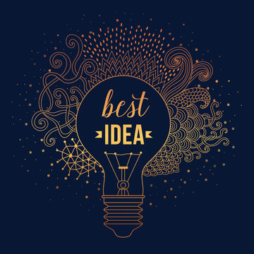 Light bulb made of handdrawn doodles, creative concept. Vector concept - creativity and idea. Lettering. quote. Creative light bulb, Big idea, Creative Research.