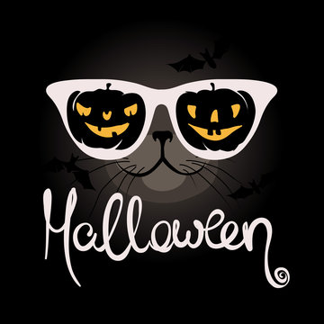 Cat with funny pumpkin glasses / Funny halloween illustration, postcard, invitation