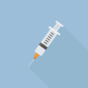 Flat design medical syringe with long shadow. Health care concept