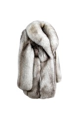 Ornate female fur coat from white fox fur isolated on white background