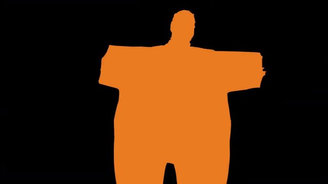 a man inside a red inflated fat suit dancingc