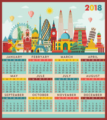 Calendar 2018. Travel and tourism background. Vector illustration